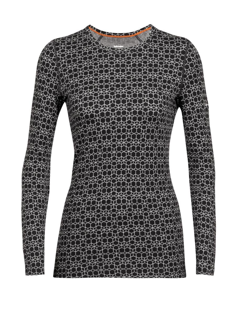 Black / Snow Women's Icebreaker Merino 250 Vertex Long Sleeve Crewe Alpine Geo Base Layers | USA 1832OKIR